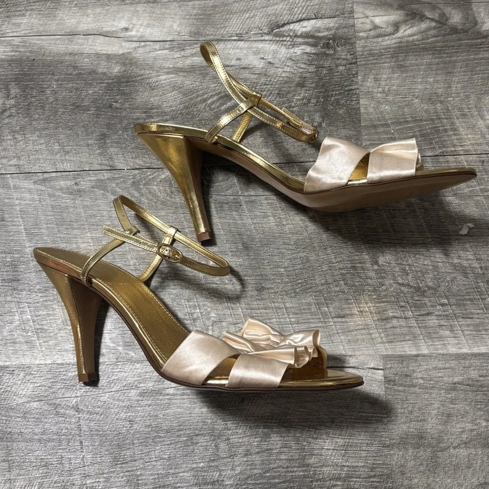 J CREW Y2K Wedding Ruffle Gold &‎ Cream Slingbacks High Heels Shoes Women Sz 8